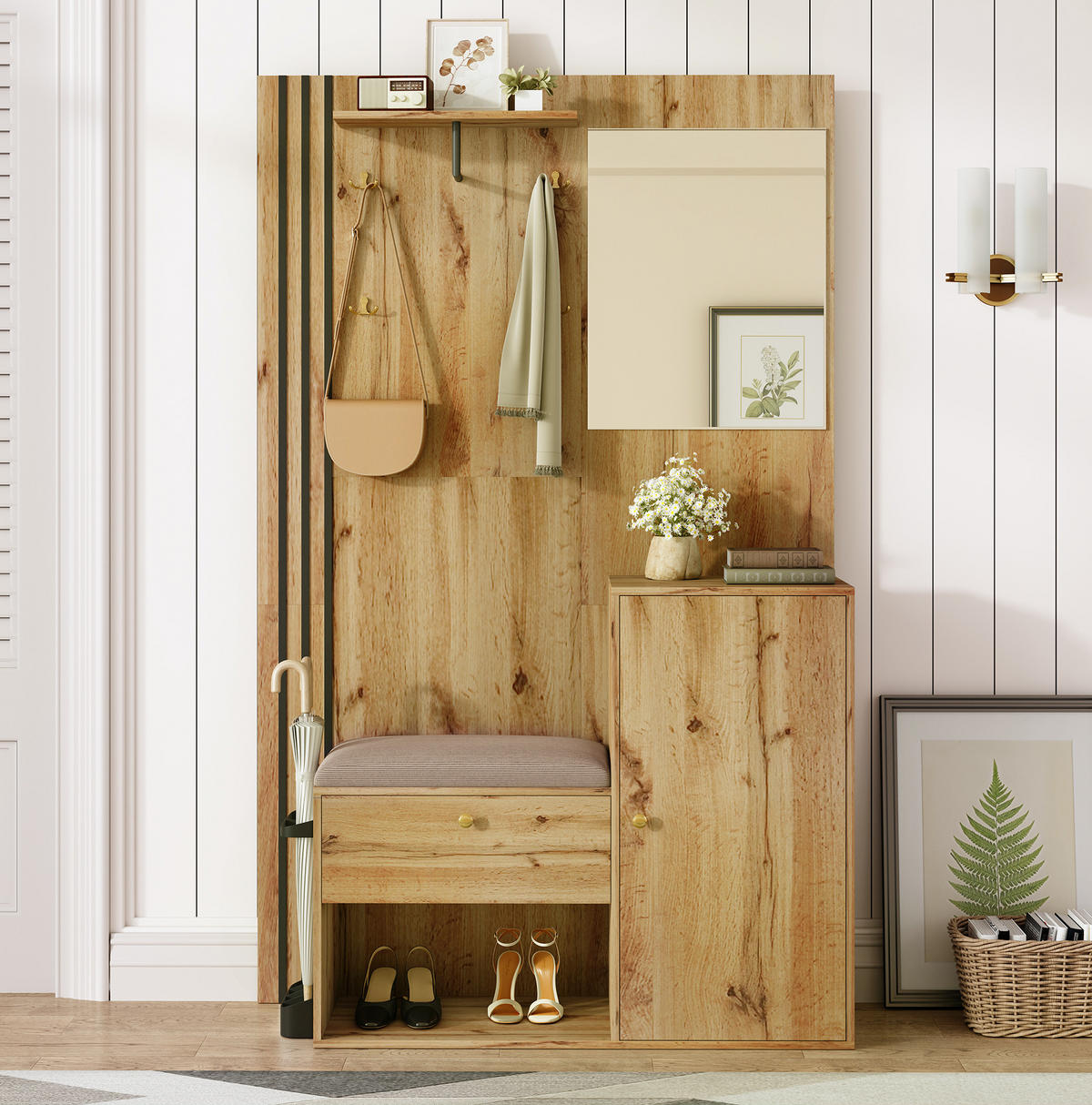 GARDEROBE 115/185/37 cm Natur/Schwarz aus MDF mit Spiegel und Sitzfläche - Naturfarben, Holzwerkstoff (37/185/115cm) - OKMYHOME