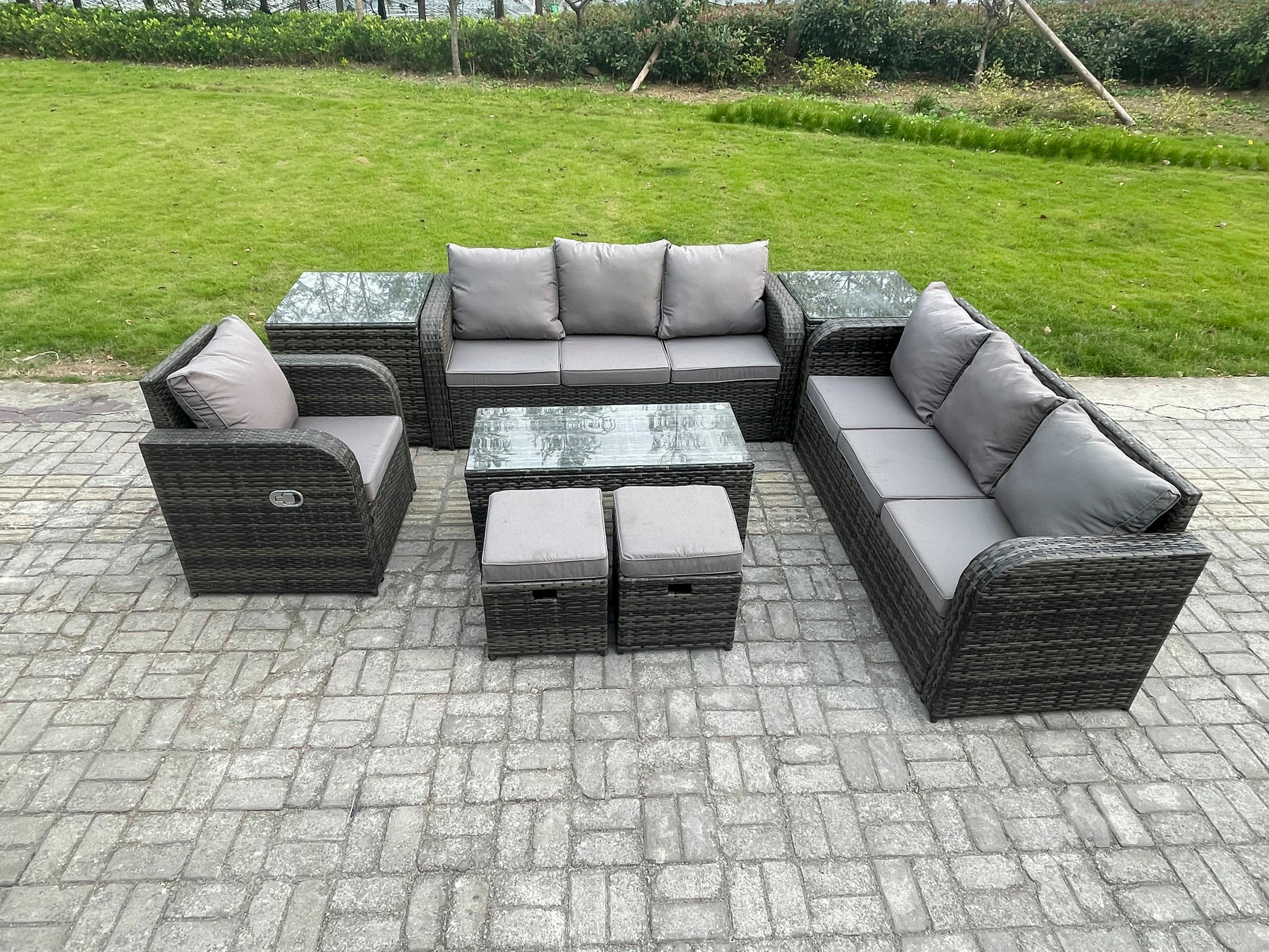 GARTENSOFA SET mit rechteckigem COUCHTISCH Polyrattan 9-Sitzer Dunkelgrau - Dunkelgrau/Grau, Glas/Kunststoff - Fimous