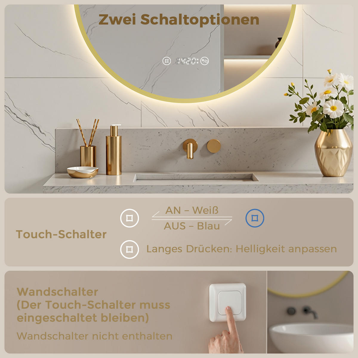 BADSPIEGEL MIT BELEUCHTUNG 60 cm Rund gold mit Aluminiumrahmen und Antibeschlag - Goldfarben, Glas (60/60/3.3cm) - S'AFIELINA