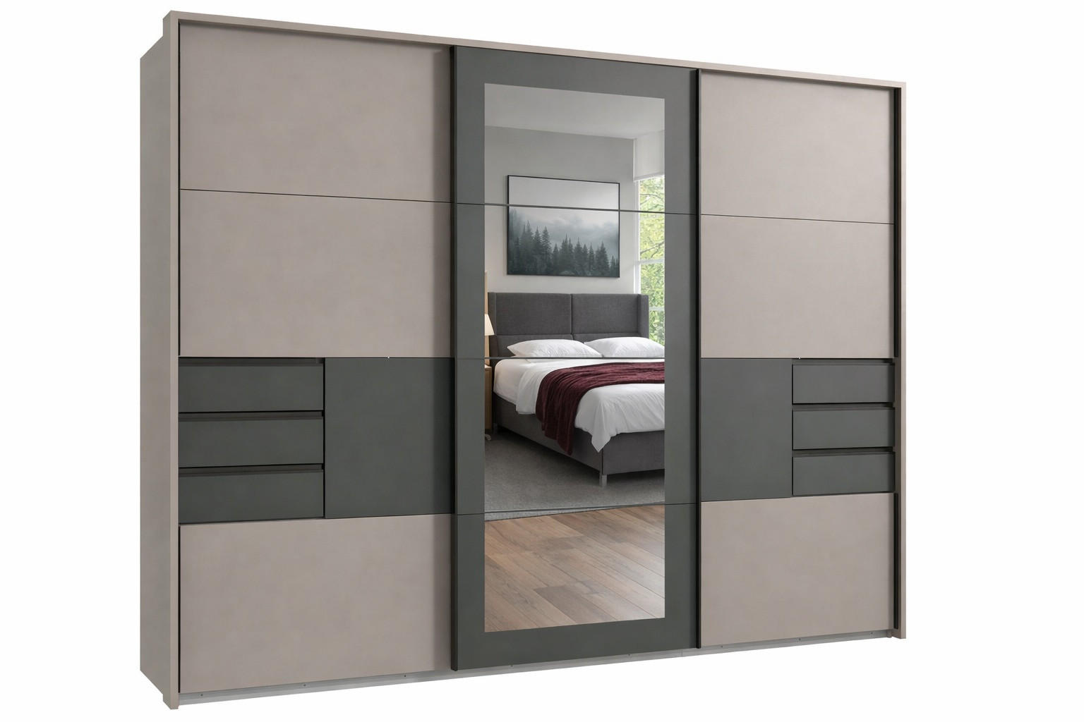 luma-home SKŘÍŇ S POSUVNÝMI DVEŘMI, 3dveřová, 273 × 213 × 64 cm (Š×V×H), pískově šedá s grafitovými akcenty, pasparta/zrcadlo/zásuvky / 22508