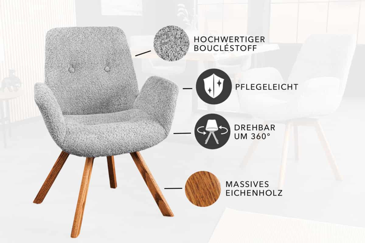 STUHL BALTIC Bouclé Grau 85 cm - Braun/Grau, Holz/Textil (61/85/63cm) - riess-ambiente