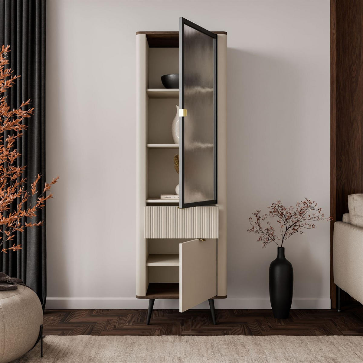 VITRINE schmal AUTUMN 1D1S1W mit Schublade, Kaschmir / Nussbaum - Beige, Holzwerkstoff (60/191/40cm) - Lookway