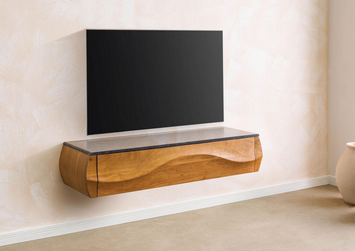 LOWBOARD Akazie 124x40x25 natur lackiert / Marmor schwarz MONTREAL #131 - Naturfarben, Holz (124/25/40cm) - Massivmoebel24