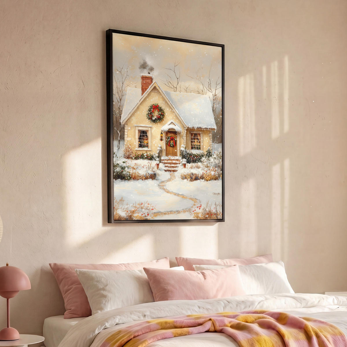 LEINWAND Bilder mit Rahmen - Weihnachten - Zuhause - Winter - Schnee - 90x140 - Creme, Textil (90/140cm) - MuchoWow