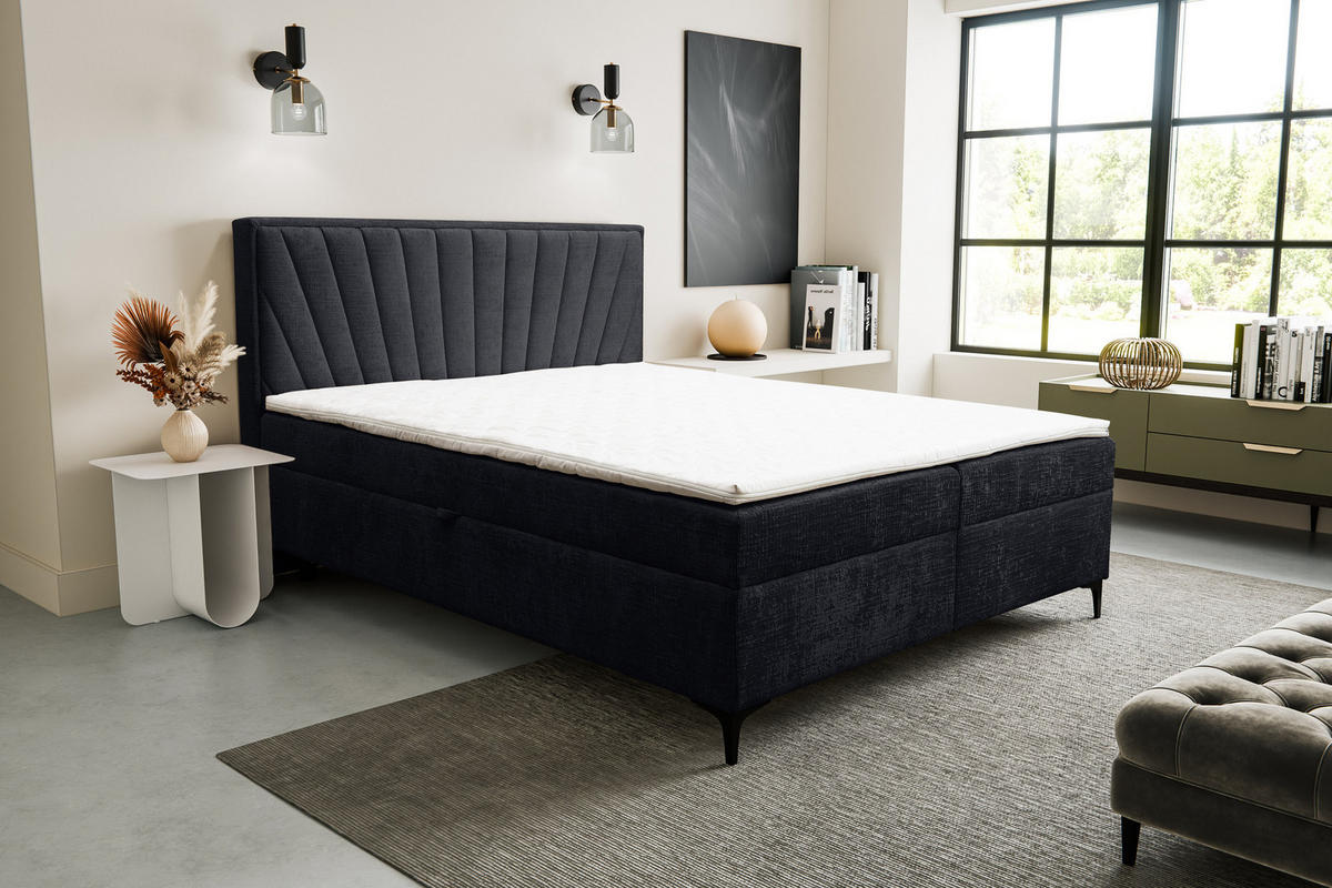 BOXBETT Cimone mit 2 Bettkästen, Maße: 140x200 cm, Farbe: Schwarz , Velourstoff, mit Bonell-Matratze inkl. Topper - Schwarz, Holz/Kunststoff (140/200cm) - VENASI MÖBEL