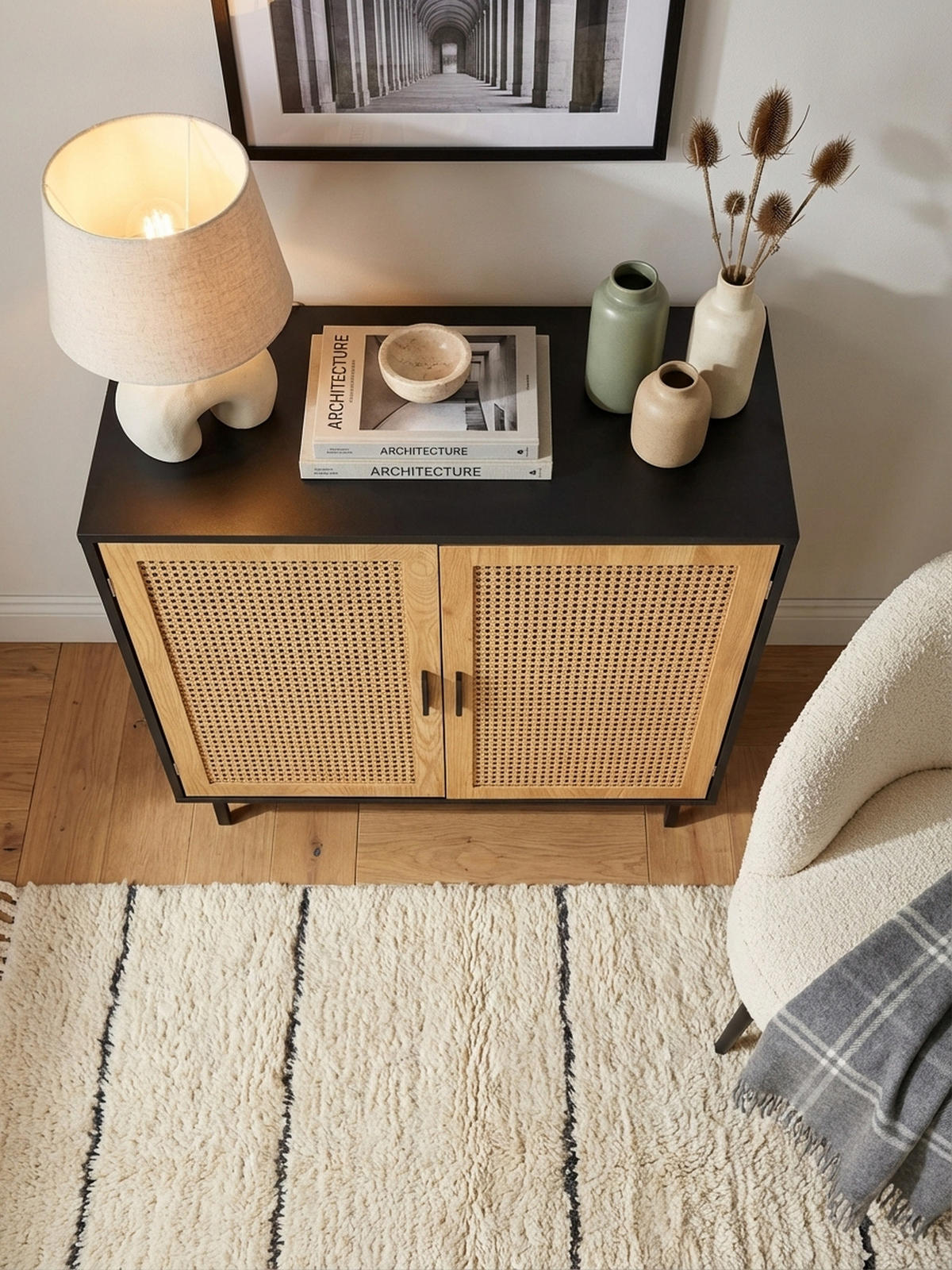 SIDEBOARD – Schwarz, 80x86,5x40 cm, mit Wiener Geflecht, 2 Türen, hoch - Schwarz, Holzwerkstoff/Metall (80/87/40cm) - KADIMA DESIGN