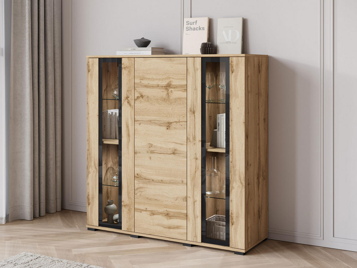 KOMMODE Caro HB 120 mit weißer LED Beleuchtung - Eiche Wotan/Schwarz, Holzwerkstoff/Kunststoff (120/122/40cm) - MIRJAN24