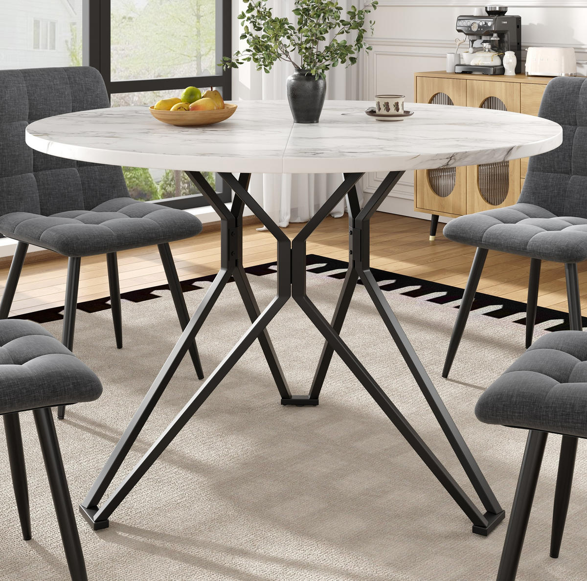 ESSTISCH aus MDF 100x100x76 cm Schwarz mit Marmoroptik, Metallgestell und verstellbaren Füßen - Schwarz, Holzwerkstoff (100/100/76cm) - Modfu