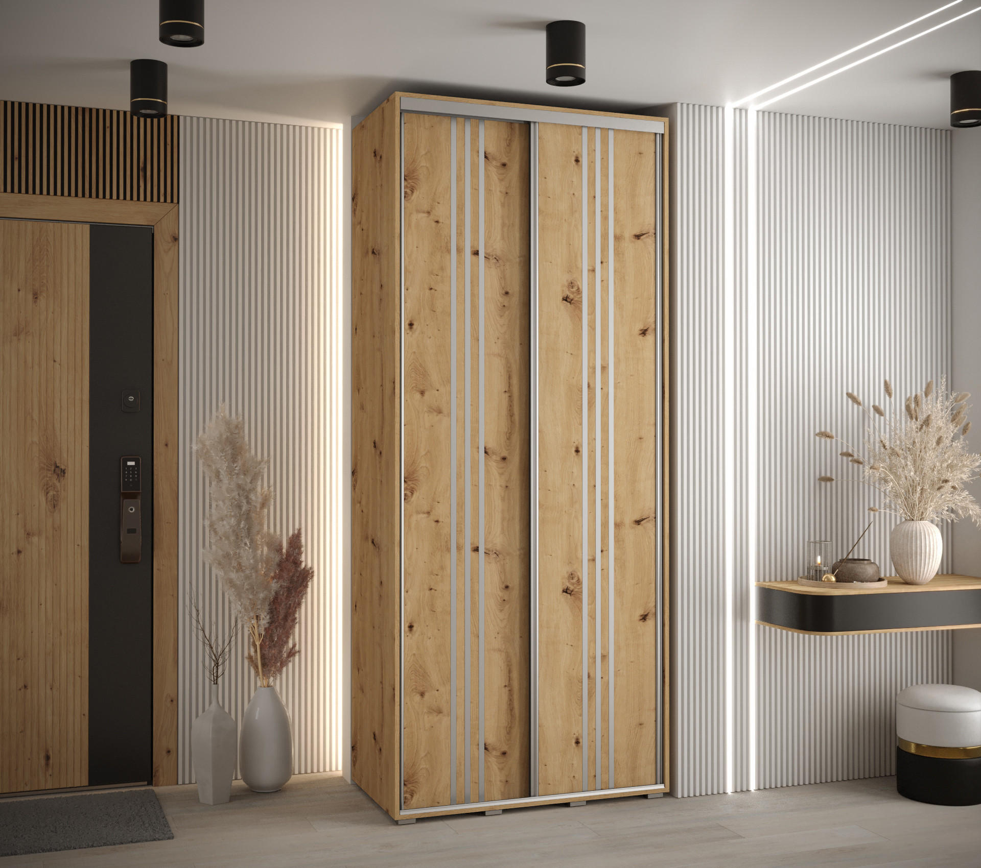 SCHWEBETÜRENSCHRANK 235,2/120/60 2-türig - Silberfarben/Eiche Artisan, Holz/Metall (120/235/60cm) - Abiks Möbel