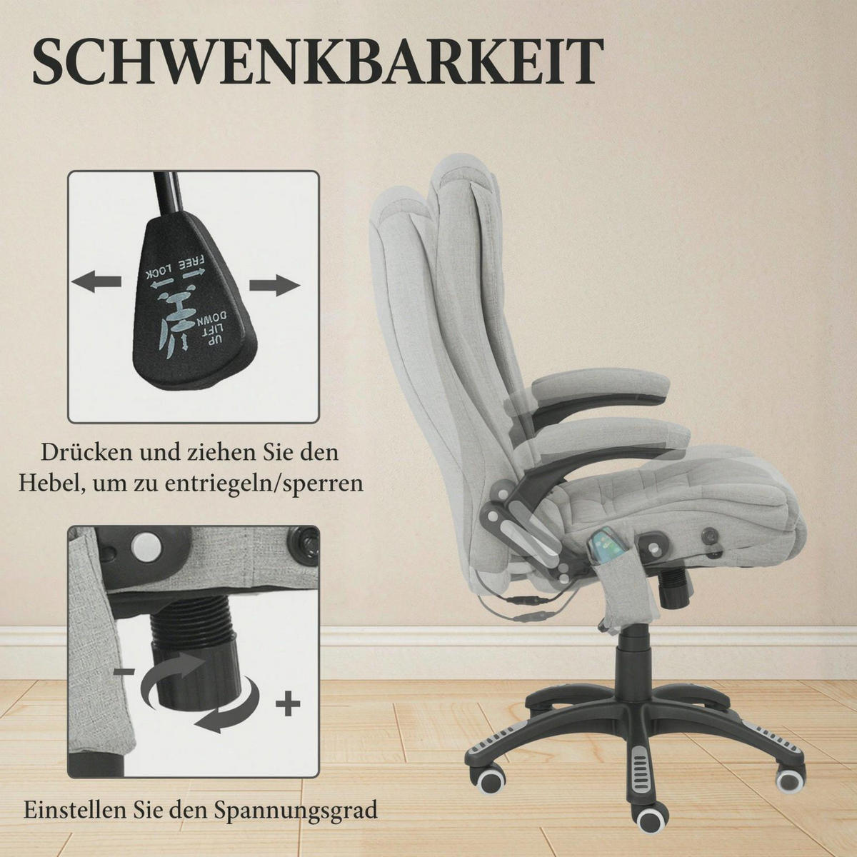 DREHSTUHL mit Massagefunktion höhenverstellbar Sitzhöhe 45 bis 55 cm - Hellgrau, Textil (68/110/72cm) - Gisaae