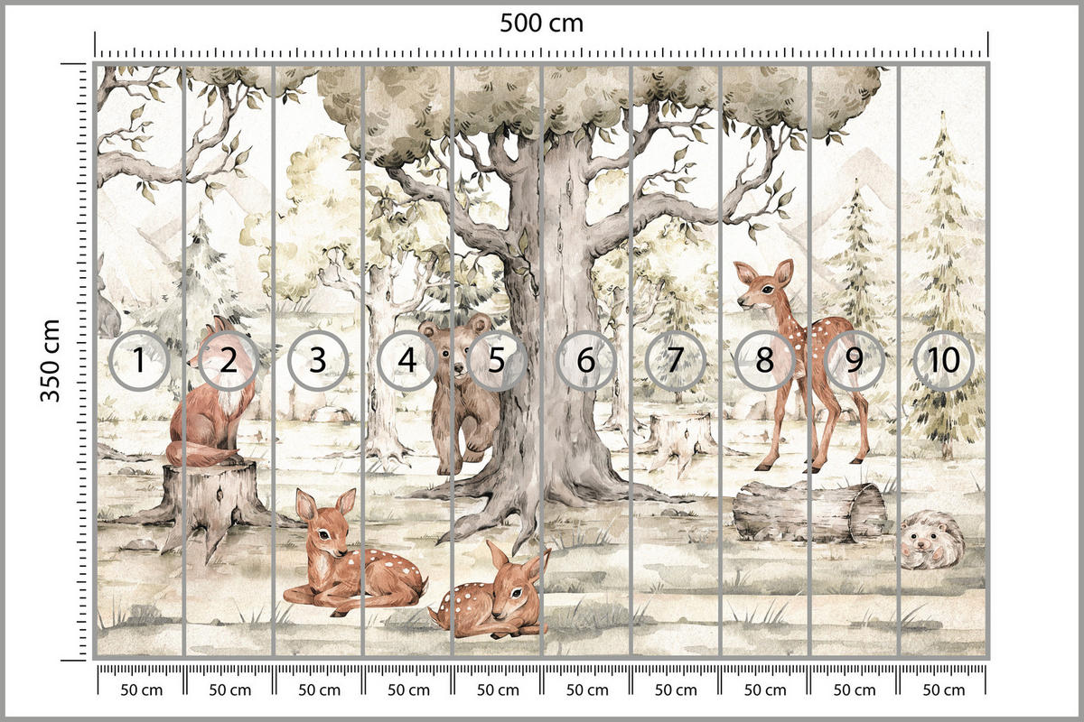 FOTOTAPETE für Kinderzimmer Waldtiere Aquarell Bär Fuchs Reh Bäume 500x350 - Beige/Orange, Papier (500/350cm) - Muralo