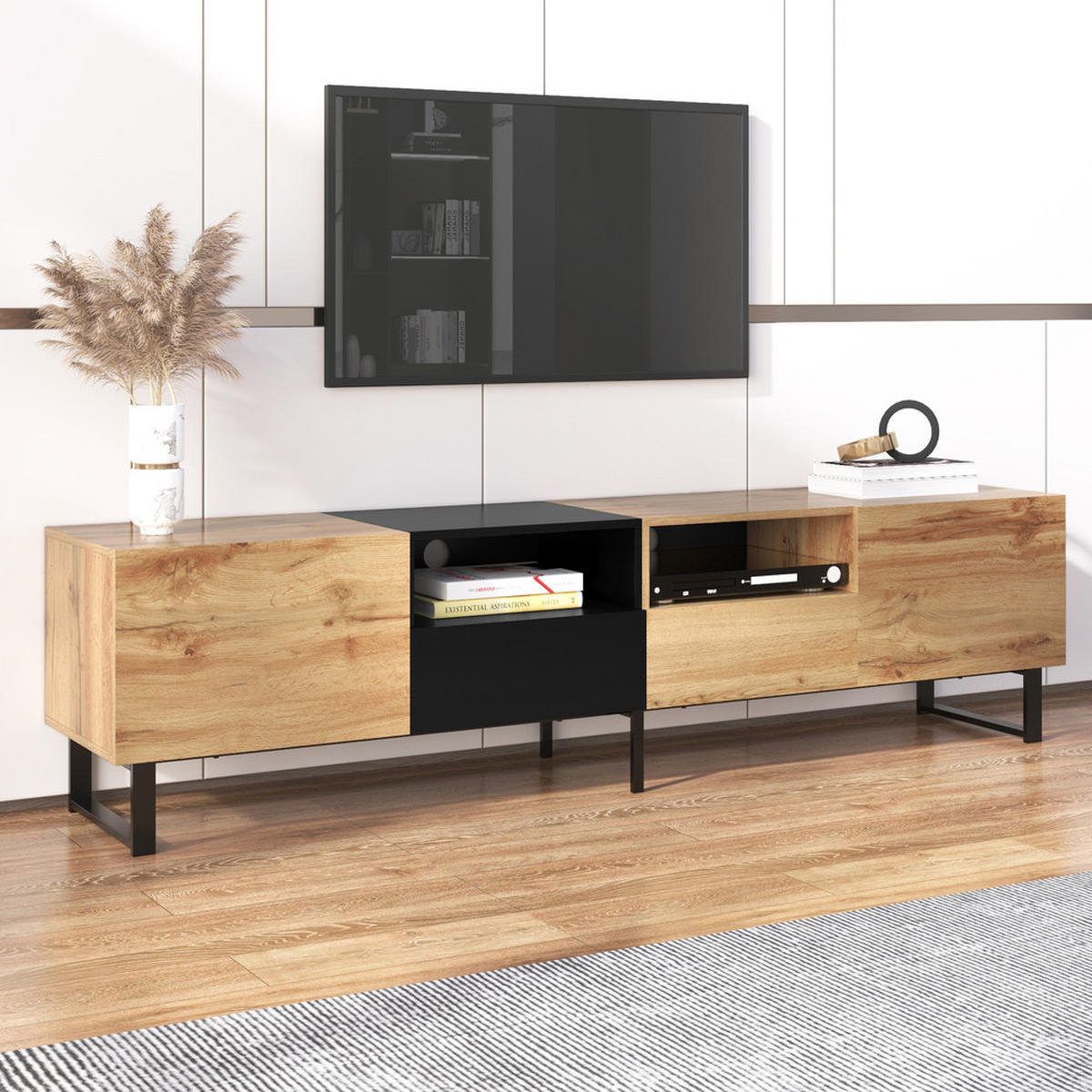 TV-STÄNDER Modern Schwarz & Holzfarbe geräumiger Stauraum robust - Braun, Holz (43.5/23/61.5cm) - FLIEKS