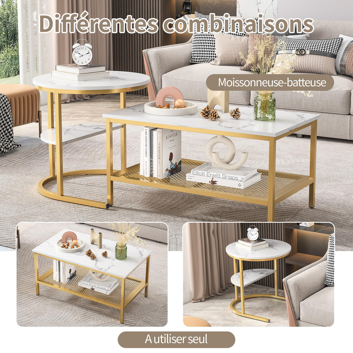 COUCHTISCH 2er Set rund schiebbar Beistelltisch Metall gold - Goldfarben, Holz (46/80/41cm) - LEBENLANG