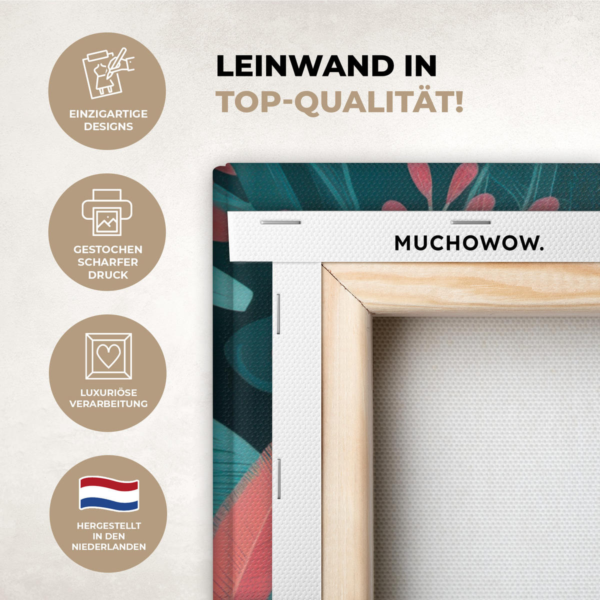 LEINWANDBILD Kakadu - Tropische Blätter - Zweig Wandbild Wohnzimmer 50x50 cm - Petrol, Textil (50/50cm) - MuchoWow