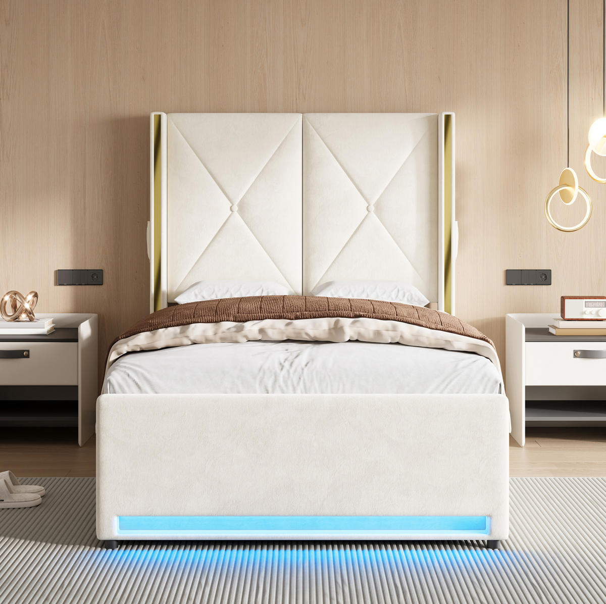 POLSTERBETT 90/200 cm mit USB, Type-C, LED und hydraulischem Bettkasten, Samt mit Seitentaschen, Beige - Beige, Textil (90/200cm) - Redom