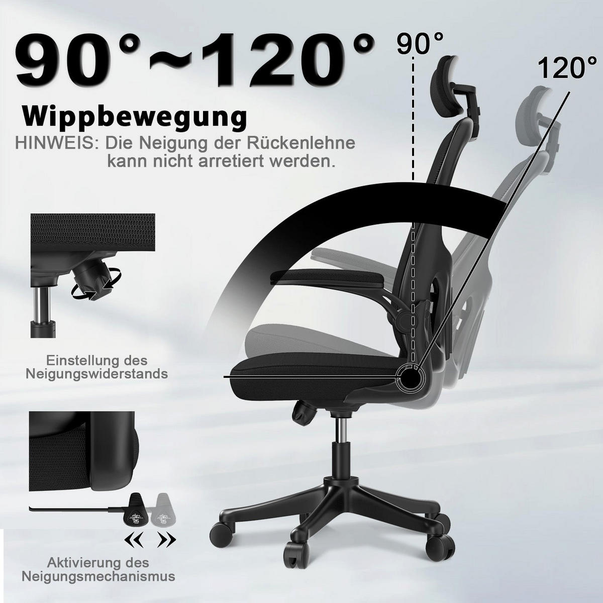 BÜROSTUHL ergonomisch, höhenverstellbar, klappbare Armlehnen, Kopfstütze – Schwarz - Schwarz, Metall (50.5/134/52cm) - Rattantree
