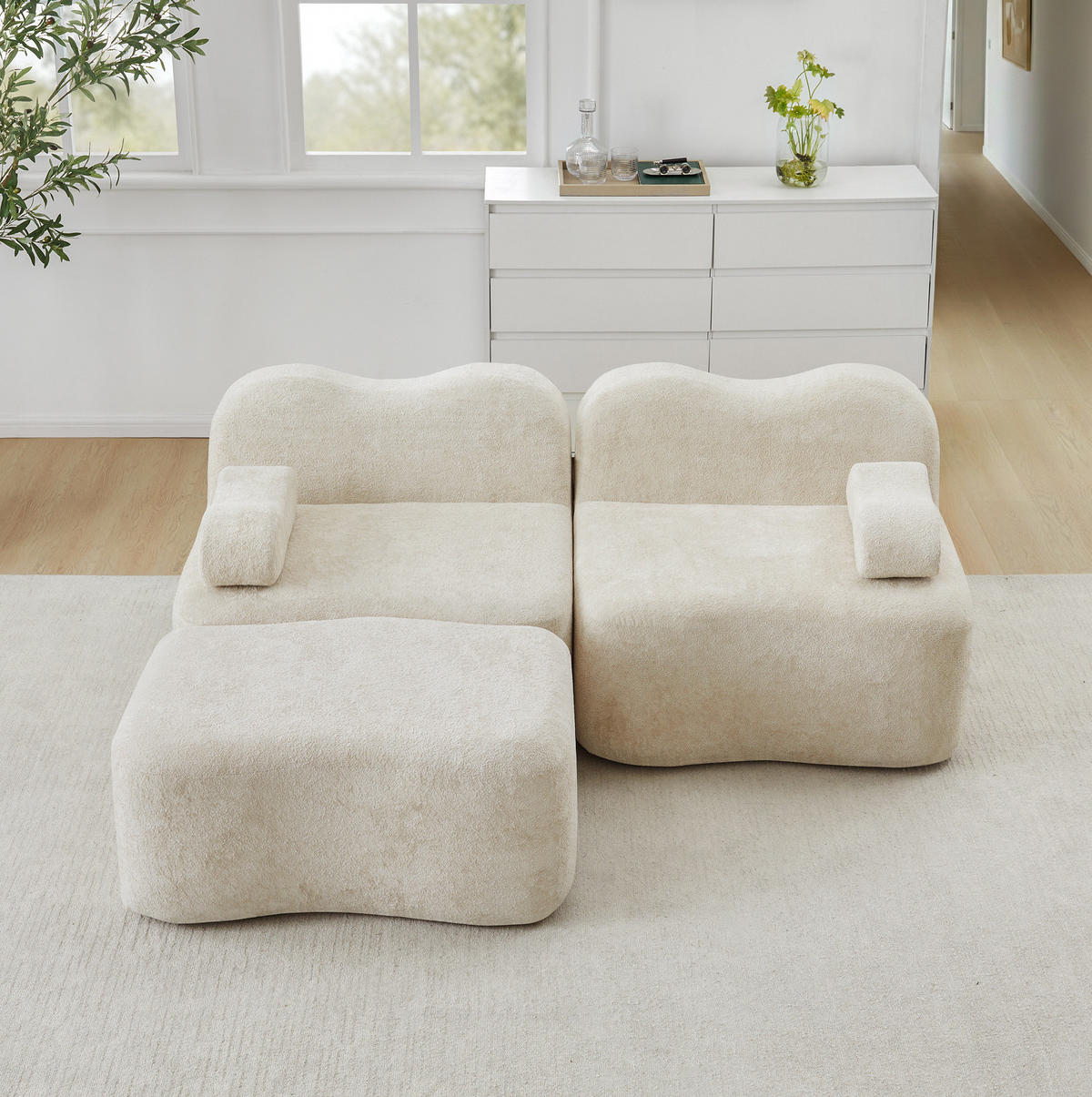 MODULARES Ecksofa ohne Montage mit Ottoman, Wellenform und Samtbezug, Beige - Beige, Textil (192/167cm) - Redom