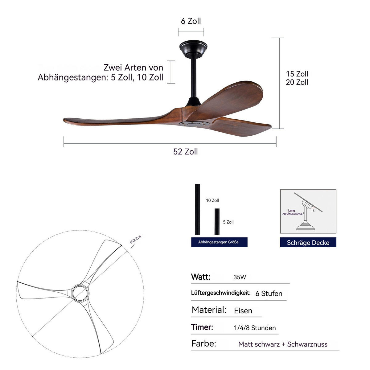 DECKENVENTILATOR & 3 Holzflügeln, Speicherfunktion, Fernbedienung - Braun, Holzwerkstoff (132/132/51cm) - Gisaae