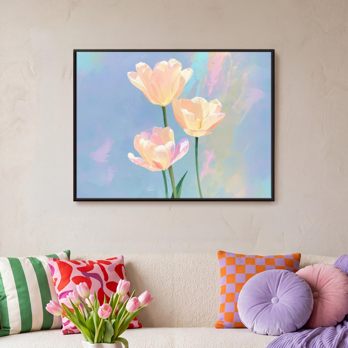 LEINWAND Bilder mit Rahmen - Tulpen - Rosa Akzente - Blau - 80x60 - Pastellblau, Textil (80/60cm) - MuchoWow