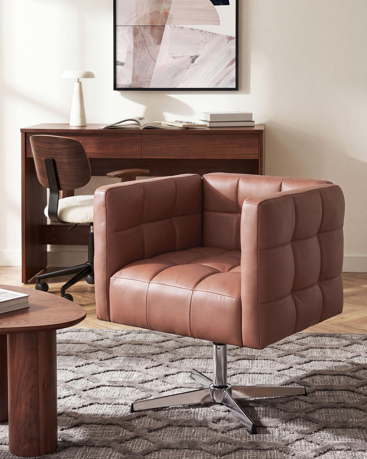 DREHSESSEL Kunstleder Braun Levanger - Silberfarben/Braun, Kunststoff/Metall (71/77/67cm) - Beliani