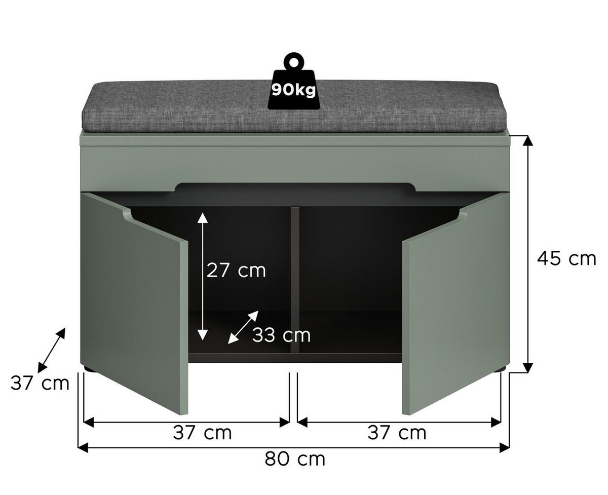 SITZBANK inkl. Sitzkissen CANU (B/H/T: ca. 80/45/37 cm) in Basalt grau/Smoke Green - Grau, Holzwerkstoff (80/45/37cm)