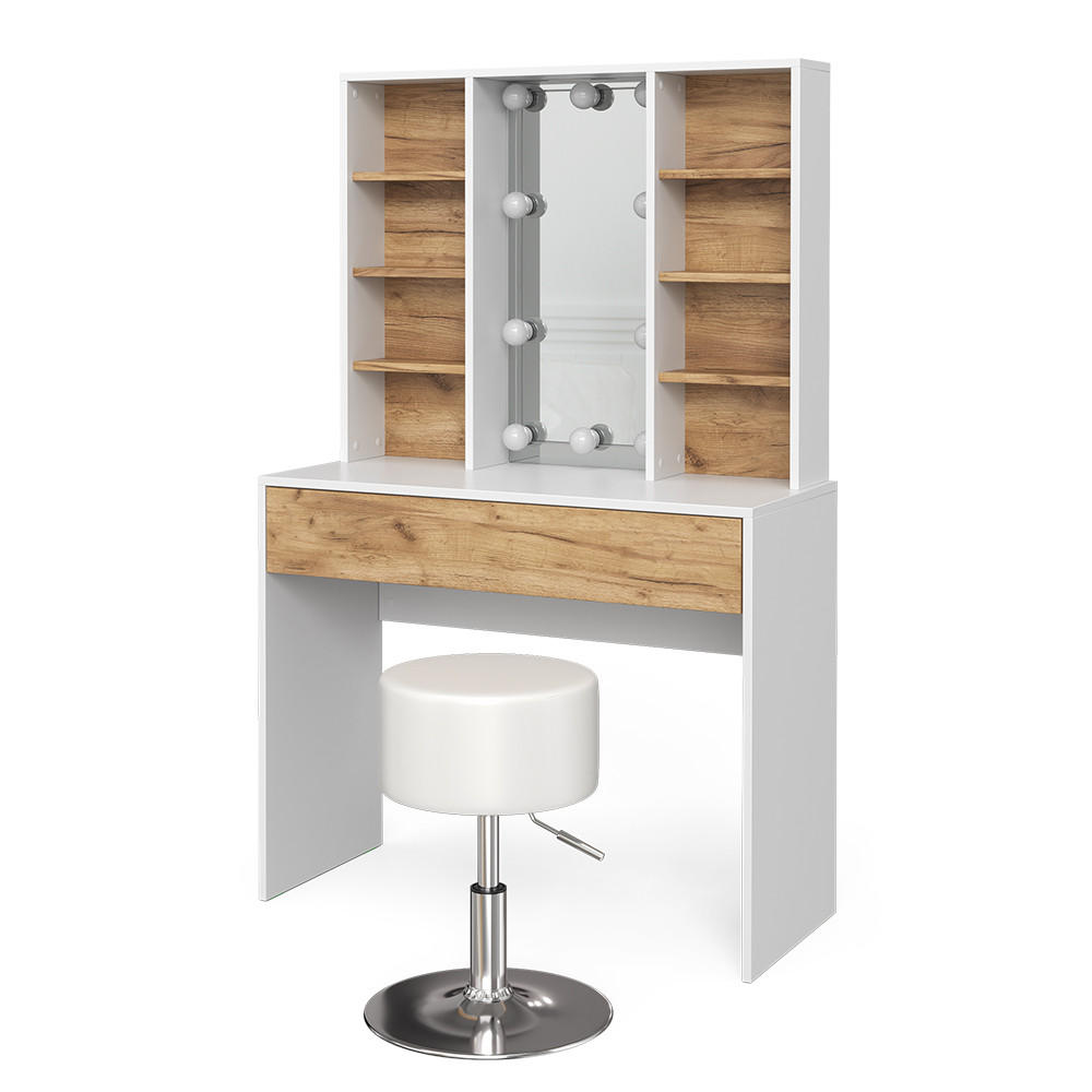 SCHMINKTISCH Alexa Goldkraft Eiche/Weiß 93 cm mit LED Beleuchtung und Hocker - Honigeiche/Weiß, Holzwerkstoff (93/147/40cm) - Vicco