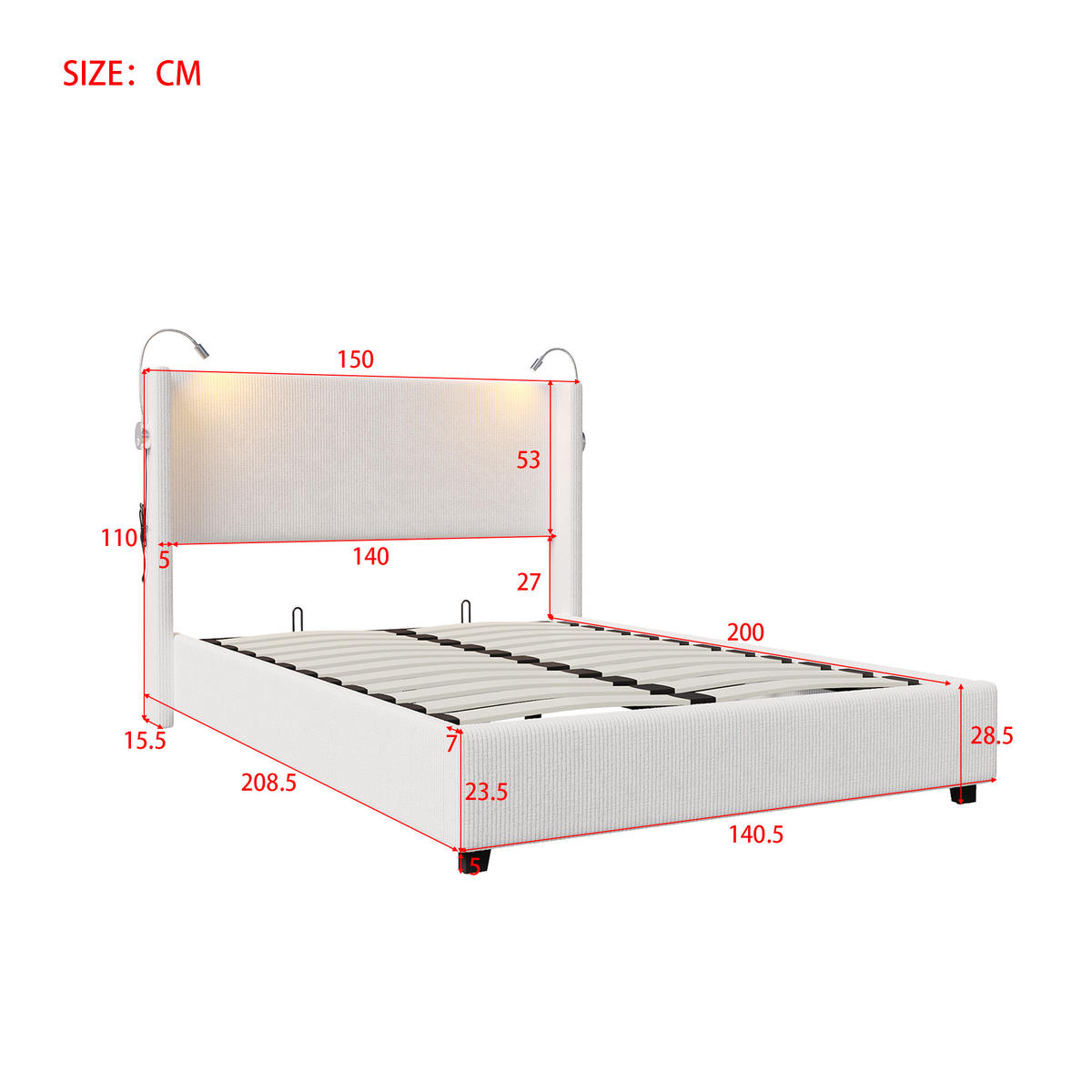 POLSTERBETT 140x200 cm USB Stauraum Lattenrost Cord weiß - Weiß, Holz (140/200cm) - LEBENLANG