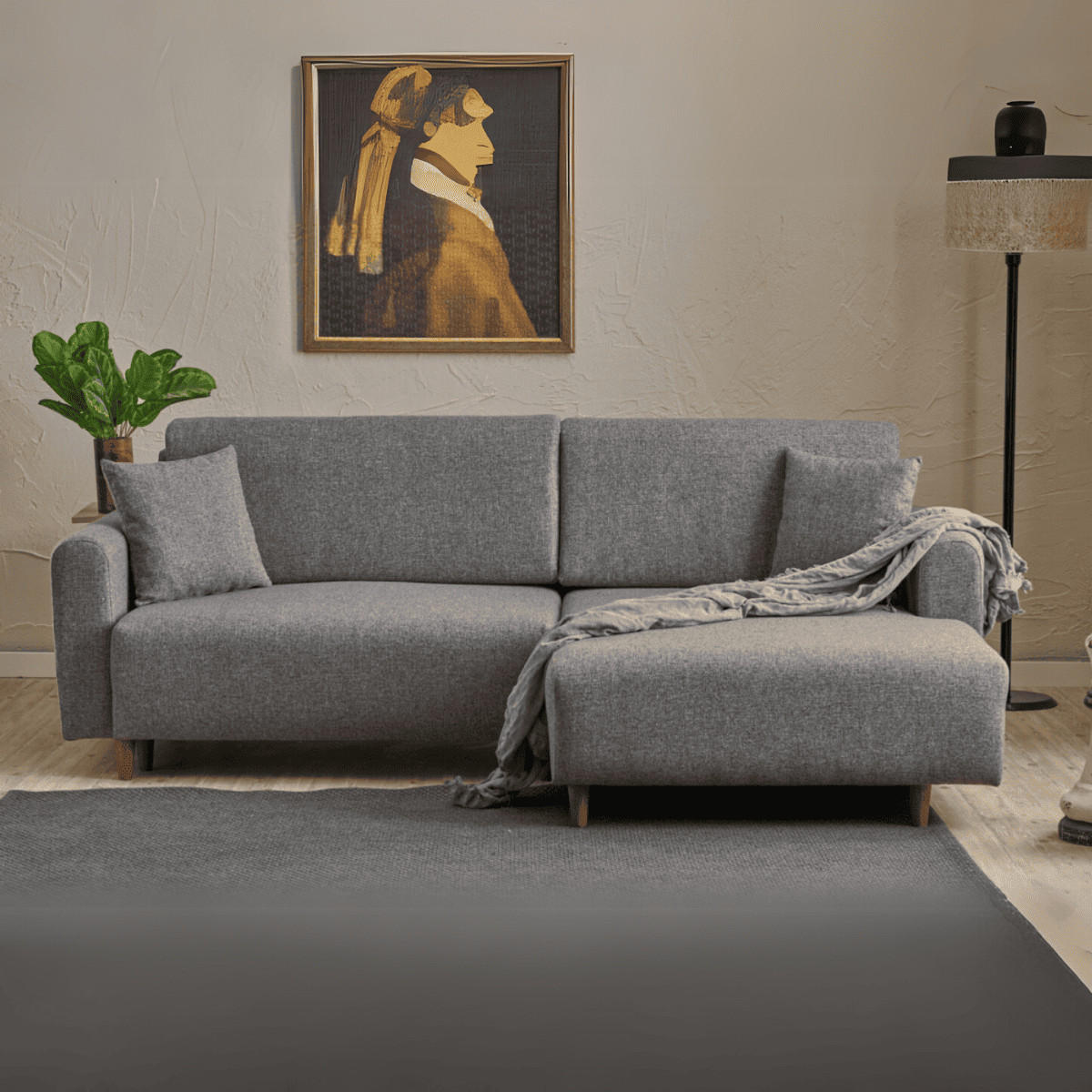 ECKSOFA mit Schlaffunktion und rechtsseitiger Récamiere aus Stoff - mane 246/160/85 cm - Grau, Holz (160/246cm) - Calicosy