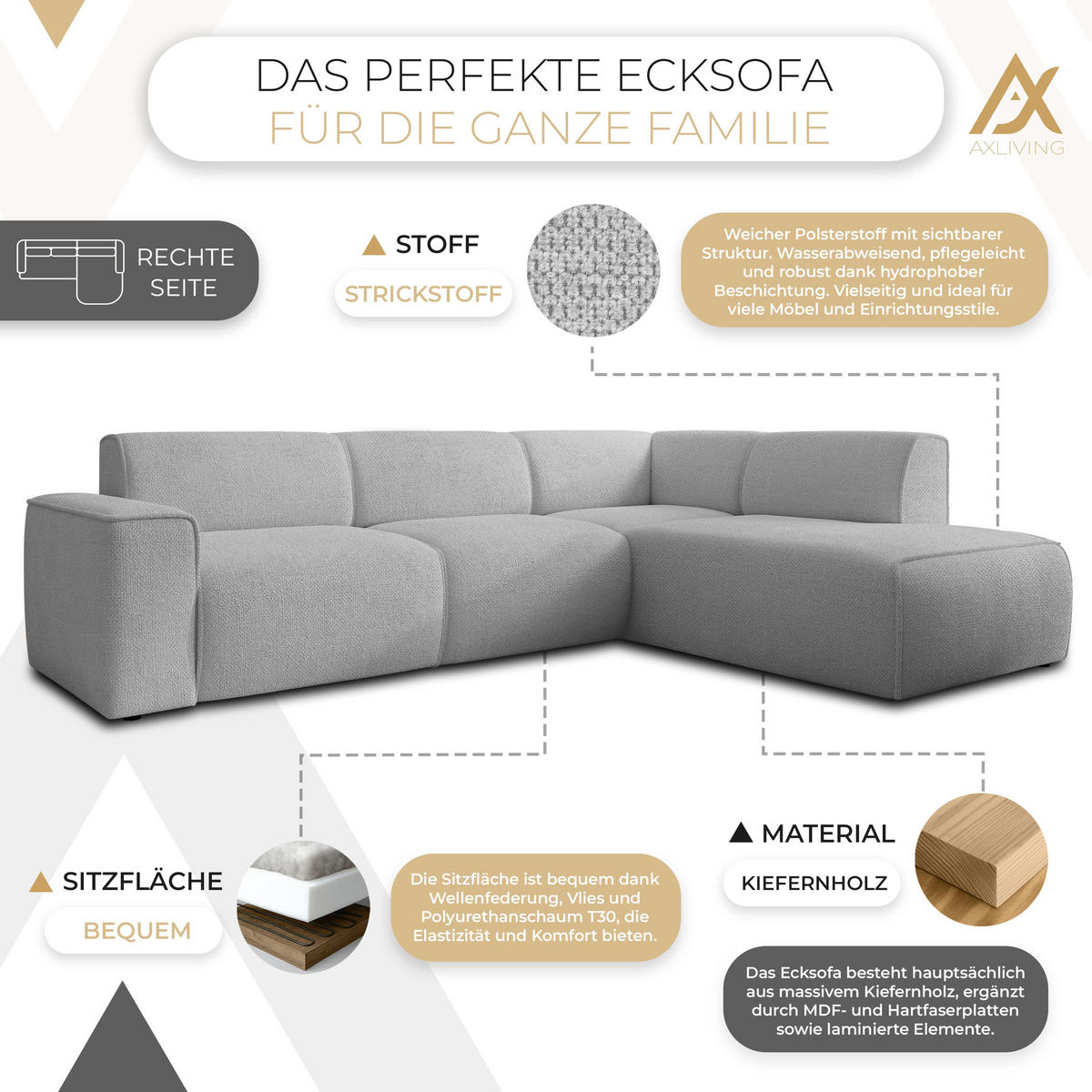 ECKSOFA L Form Didim Hellgrau 292/220/78 cm – großes Sofa stilvoll & bequem R - Hellgrau/Schwarz, Kunststoff/Textil (292/220cm) - AX Living