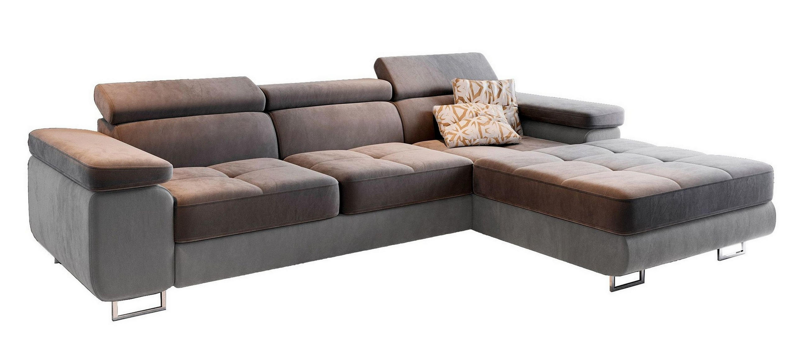ECKSOFA ELMA R-S Grau Velours-Stoff mit Schlaffunktion - Grau, Holz (280/205cm) - MASSENO