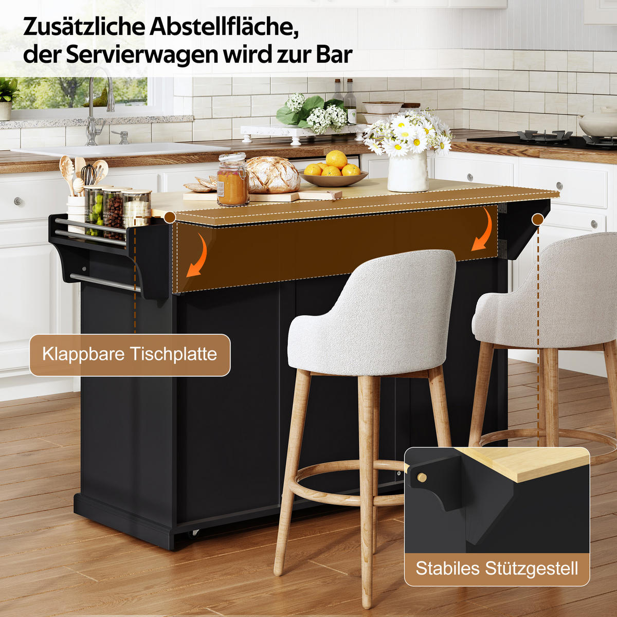 KÜCHENINSEL 121/49/89 cm Schwarz mit klappbarer Arbeitsplatte, 3 Schubladen und feststellbaren Rollen - Schwarz, Holz/Holzwerkstoff (69/89/121cm) - Oxeza