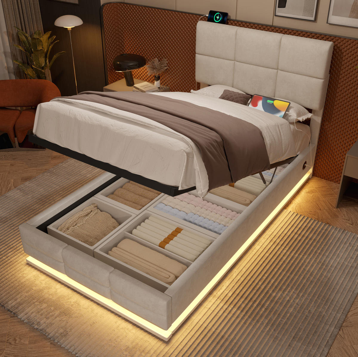OBLAZINJENA postelja 90/200 cm iz žameta v bež barvi z LED-osvetlitvijo in prostorom za shranjevanje - bež, tekstil (90/200cm) - Modenvie