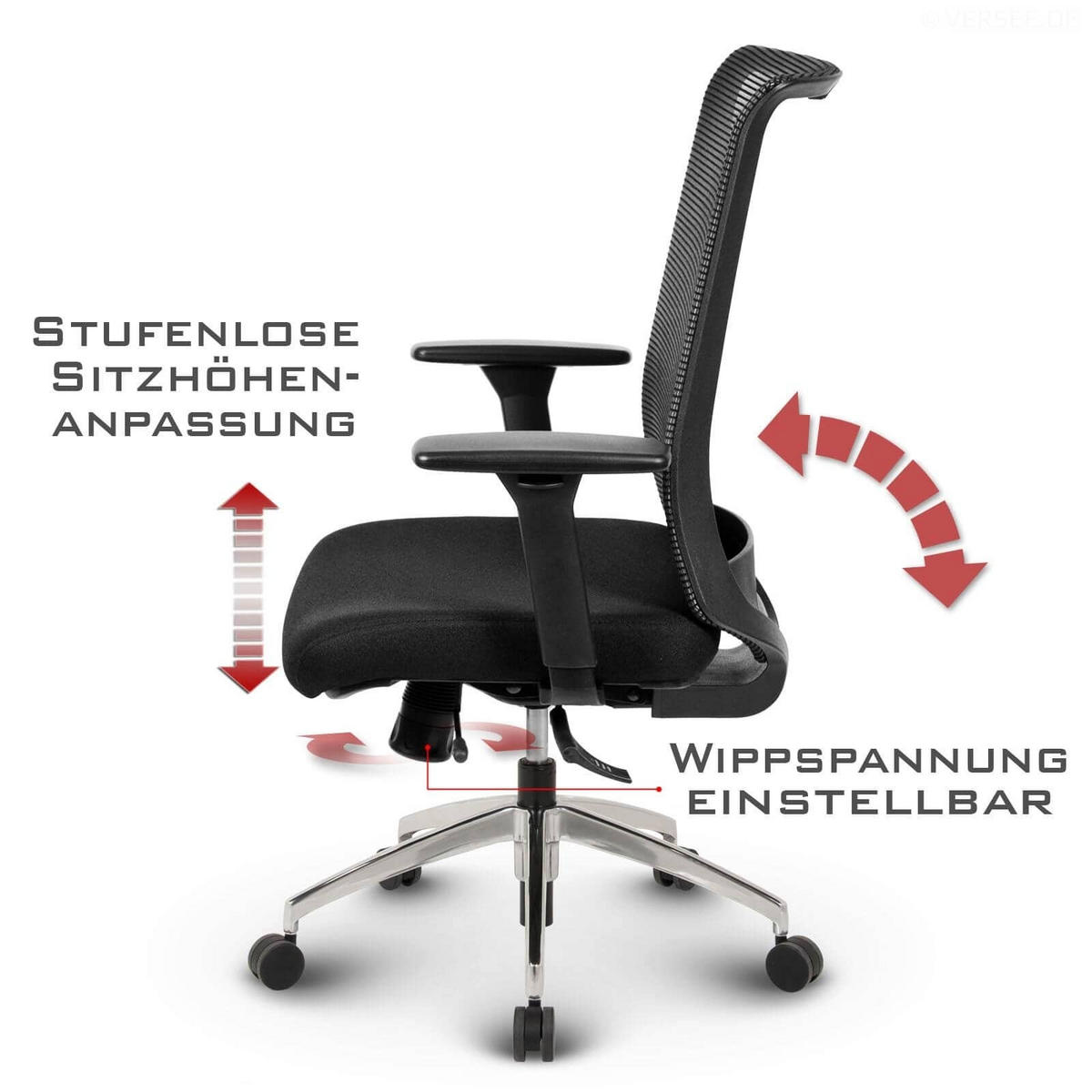 BÜROSTUHL Tanda Stoff/Mesh Schwarz - ergonomisch, 150 kg belastbar, Sitzhöhe 49-61cm - Schwarz, Kunststoff/Textil (65/102/68cm) - Versee