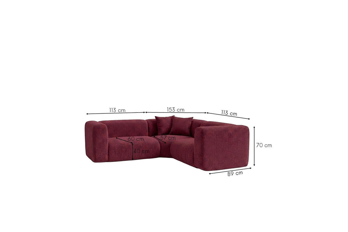 ECKSOFA Modulares, Corner mini, Chenille-Stoff Cremona, Rotwein, GRETA - Weinrot, Holz (380/190cm) - Kaiser Möbel