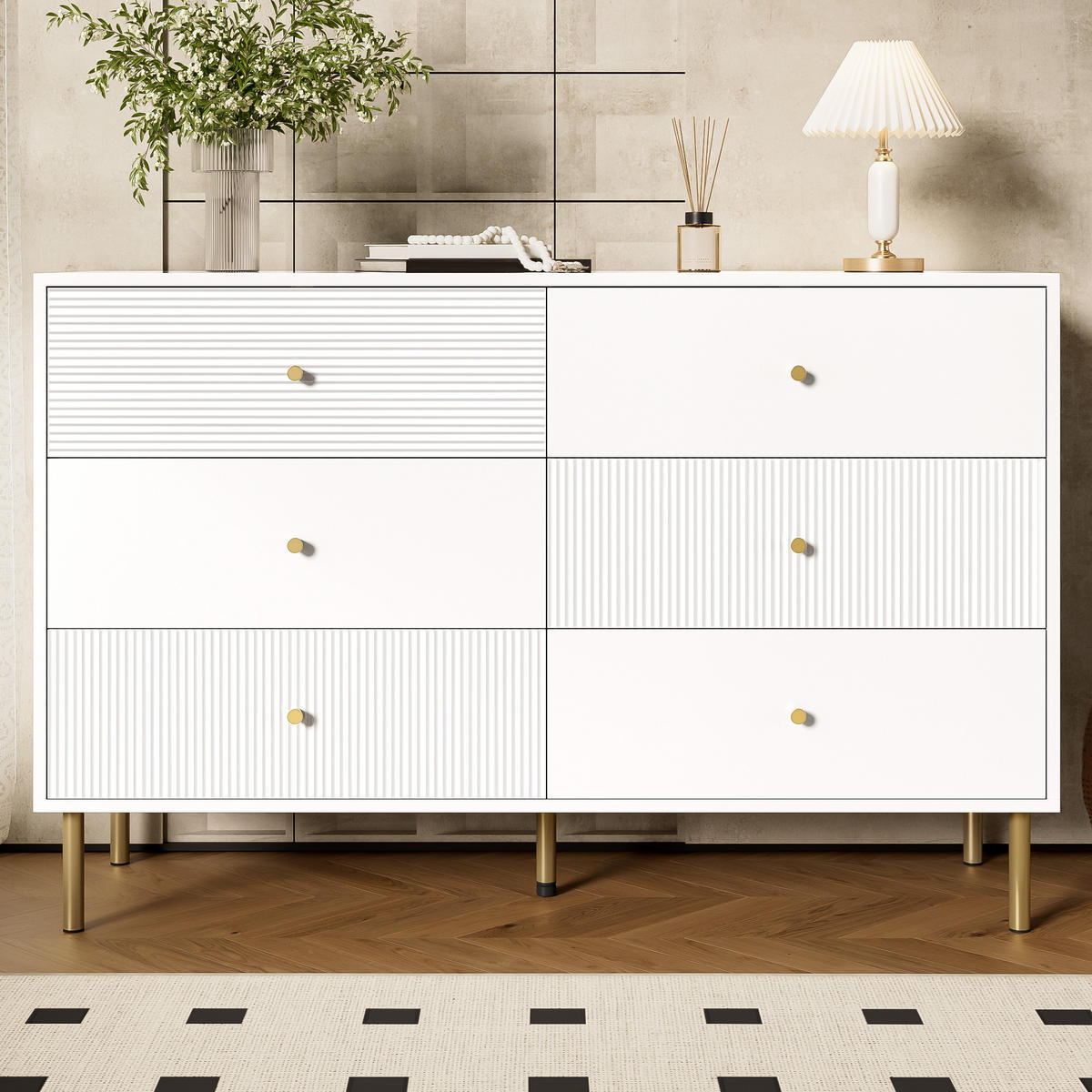 KOMMODE 6 Schubladen Weiß Zinklegierung Stahlbeine 120x40x78 - Weiß, Holzwerkstoff (40/78/120cm) - FLIEKS