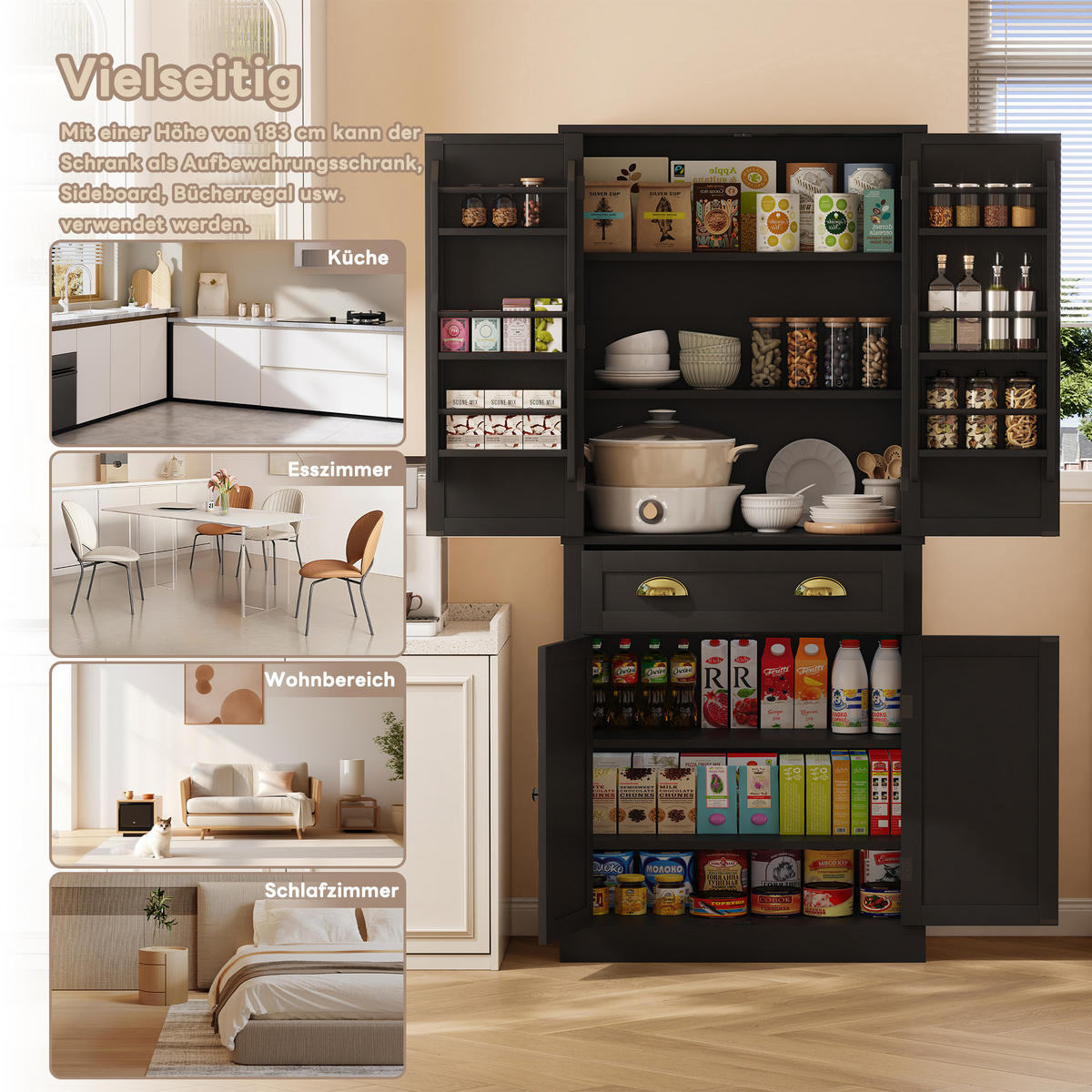 GESCHIRRSCHRANK 80/40/182 cm Schwarz mit 4 Türen, 1 Schublade und 6 Staufächer - Schwarz, Holz (80/182/40cm) - Oxeza