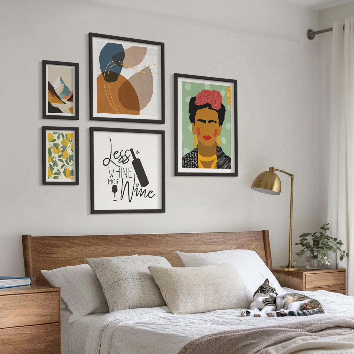 BILDER SET 5er Set - 50x50 cm & 20x30 cm & 40x60 cm Schwarzer Rahmen - Zitronenweinporträt von Frida - Schwarz, Kunststoff (40/60cm) - TULUP