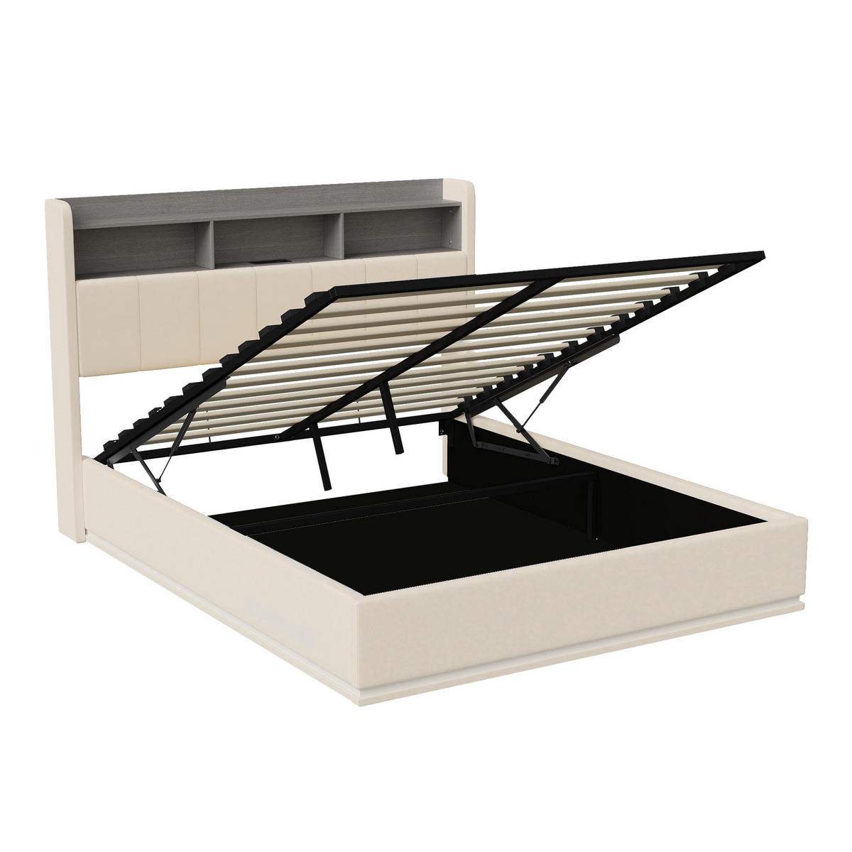 POLSTERBETT 140x190 cm Beige mit LED, Stauraumkopfteil & USB-C - Beige, Holz (140/190cm)