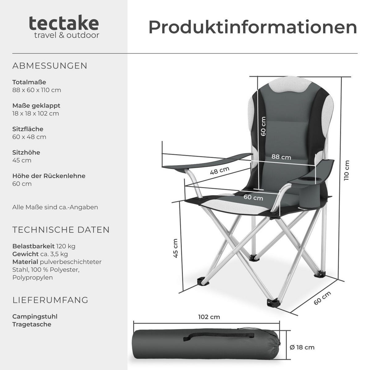 CAMPINGSTUHL , 60 x 88 x 110 cm, grau - Grau, Textil (88/110/60cm) - tectake