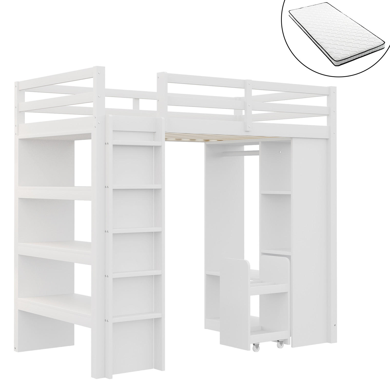 HOCHBETT 90/200 cm Weiß mit Regalen und herausnehmbarem Trolley mit Matratze - Weiß, Holzwerkstoff (90/200cm) - OKWISH