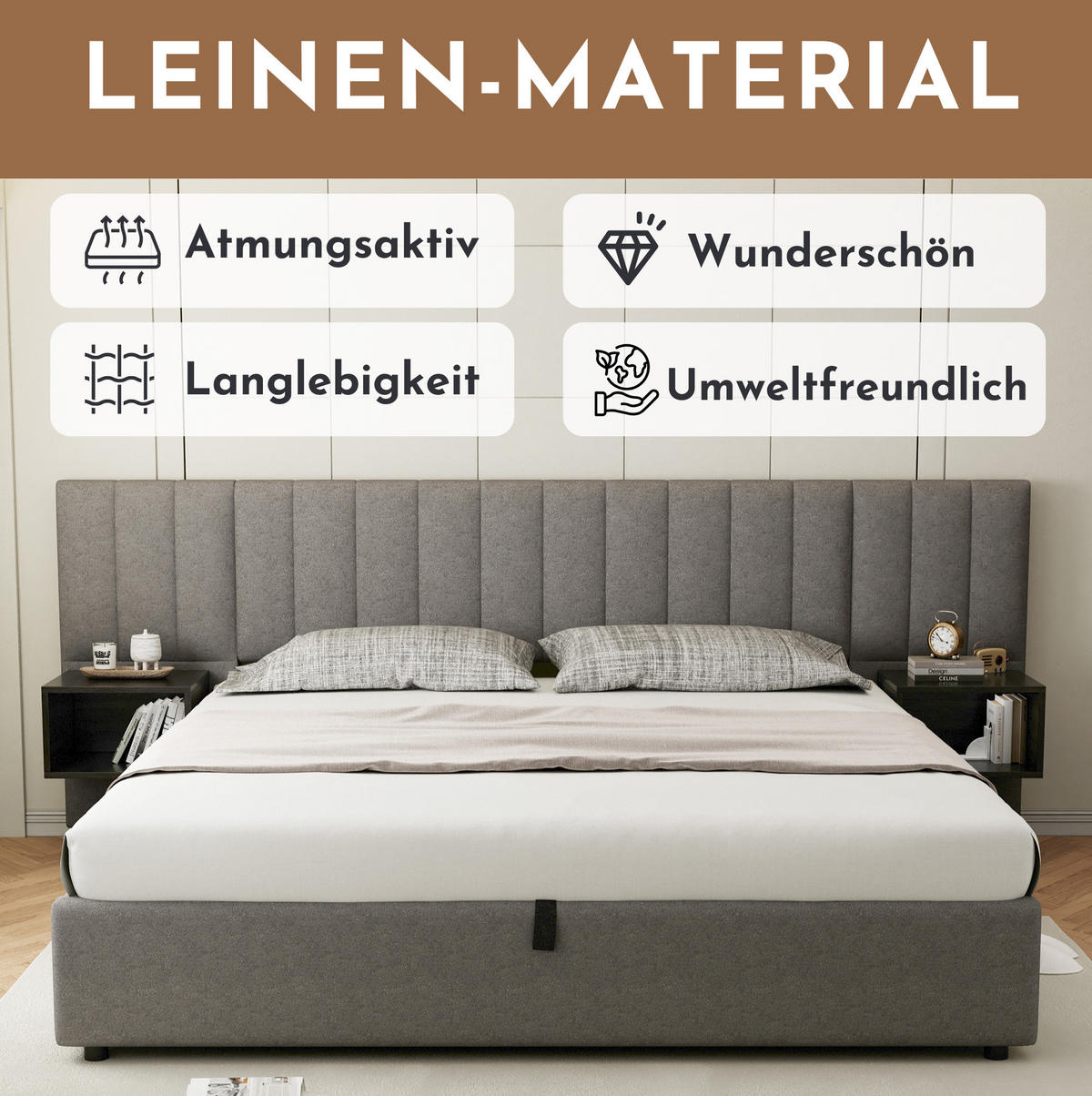 POLSTERBETT 160/200 cm mit hydraulischem Bettkasten und 2 Nachttischen mit Stauraum, Grau/Schwarz - Grau, Textil (160/200cm) - Redom
