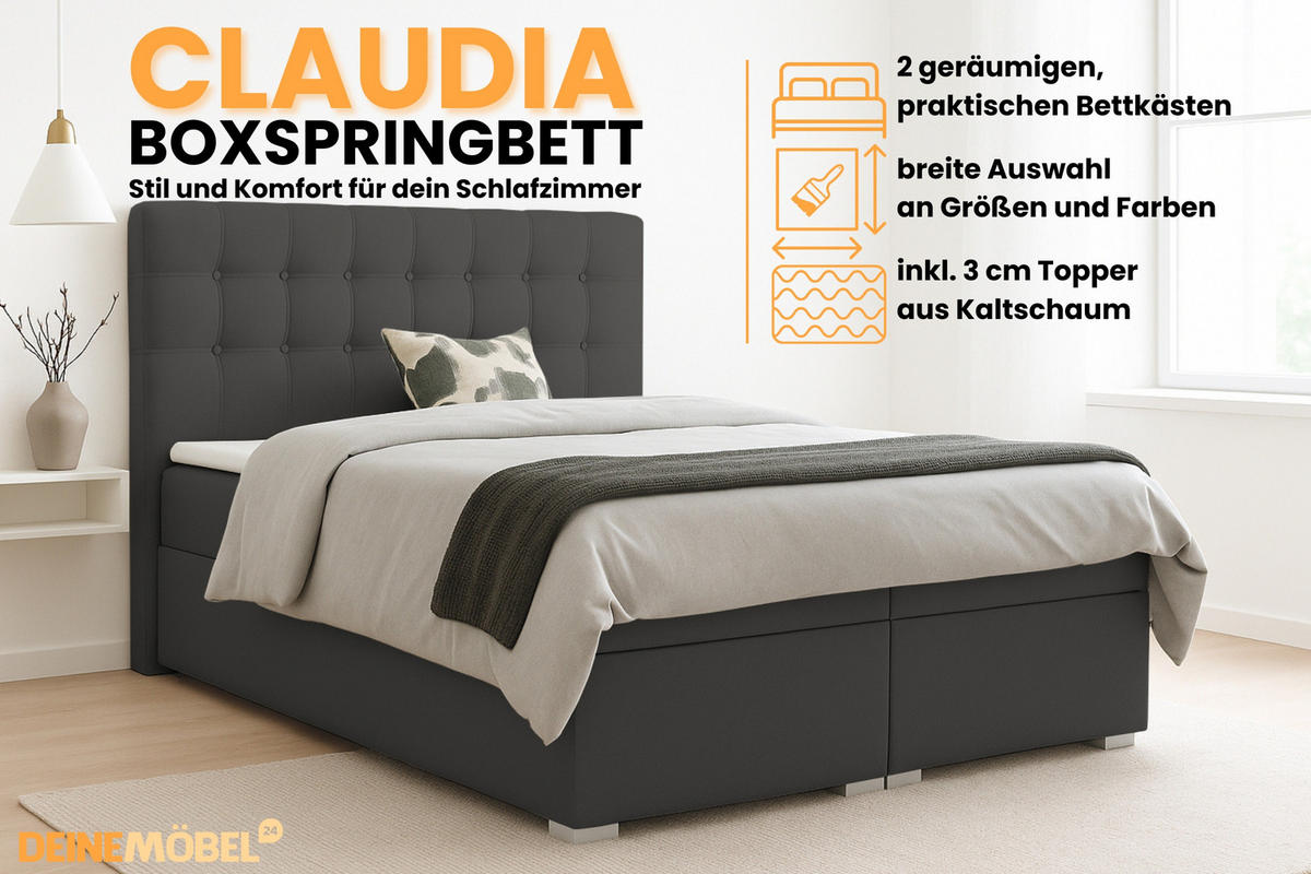 BOXBETT CLAUDIA 140/200 Velour Anthrazit mit Bonell-Federkernmatratzen H3 - Chromfarben/Anthrazit, Holzwerkstoff/Kunststoff (140/200cm) - Deine Möbel 24