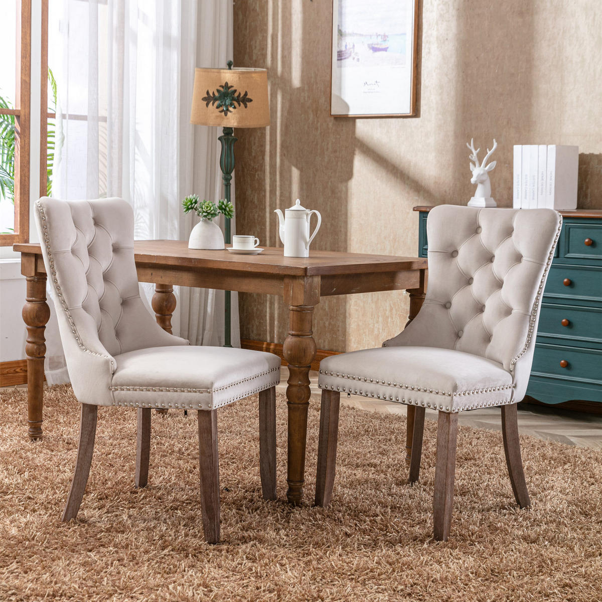 STUHL-SET DE-36286 2 Stück mit Ziernieten Beige - Beige, Holz (50/95/65cm) - ComfortXL