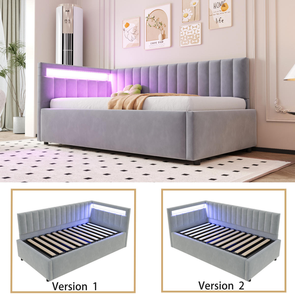 POLSTERBETT-SCHLAFSOFA 90x200 cm in Grau mit LED-Beleuchtung und hydraulischem Stauraum - Hellgrau, Textil (90/200cm) - IVMEU