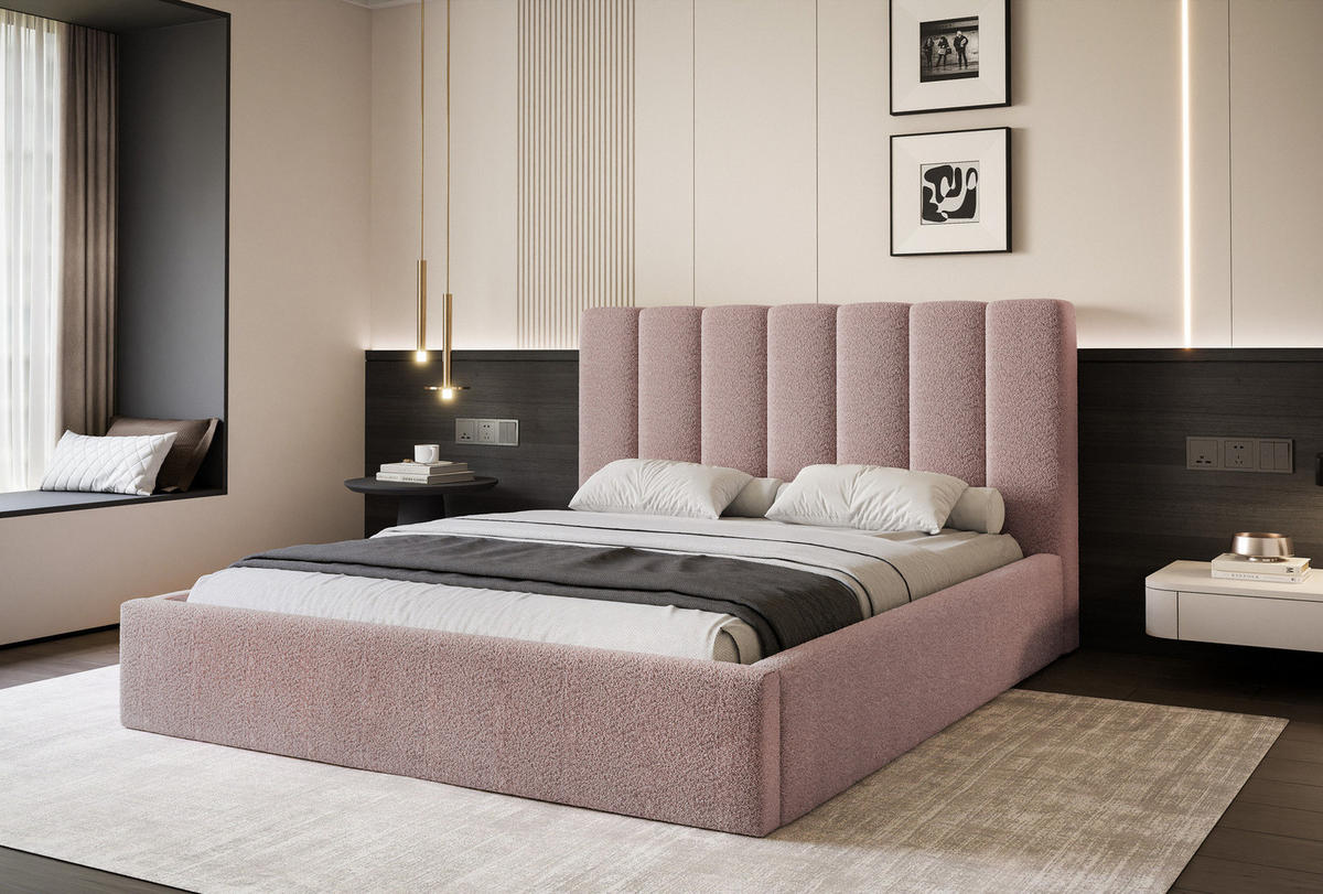 POLSTERBETT CIERO 140x200 cm Altrosa Boucle (Stoff Abriamo) - mit Bettkasten und Lattenrost - Dunkelrosa, Holzwerkstoff/Textil (140/200cm) - Ravio