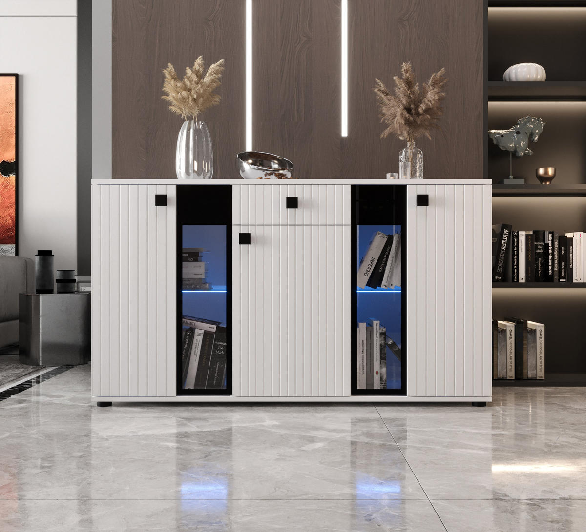 KOMMODE London LSMK LAMELE mit 3 Türen, Sideboard in Farbe: Weiß, Größe: 140 x 80 x 40 cm - Weiß, Holzwerkstoff (140/80/40cm) - O-Sofa