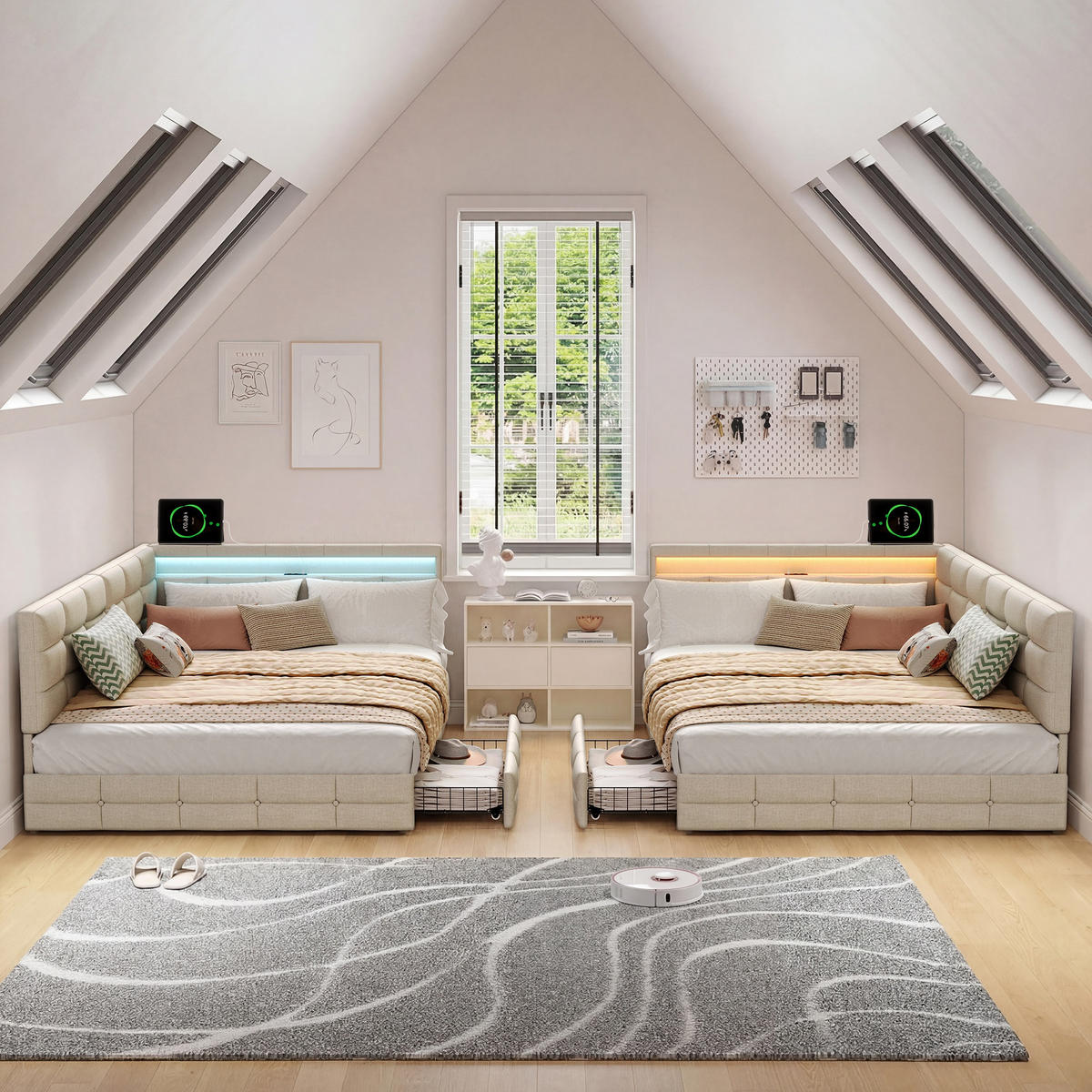 POLSTERBETT 140x190cm Tagesbett mit LED-Beleuchtung und Schublade Leinen Beige - Beige, Textil (140/190cm) - DELFA