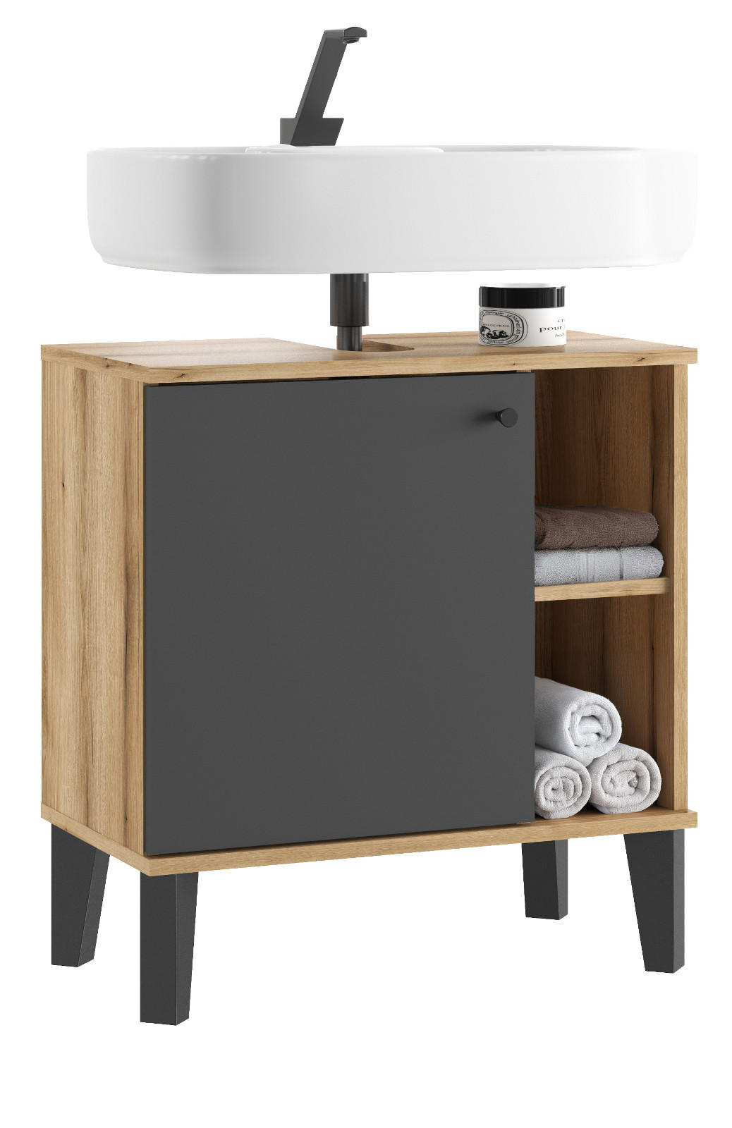WASCHBECKENUNTERSCHRANK grau, Evoke Eiche, Badezimmer Unterschrank, 60 cm - Eichefarben/Schwarz, Holzwerkstoff/Kunststoff (60/65/33cm) - Furn.Design