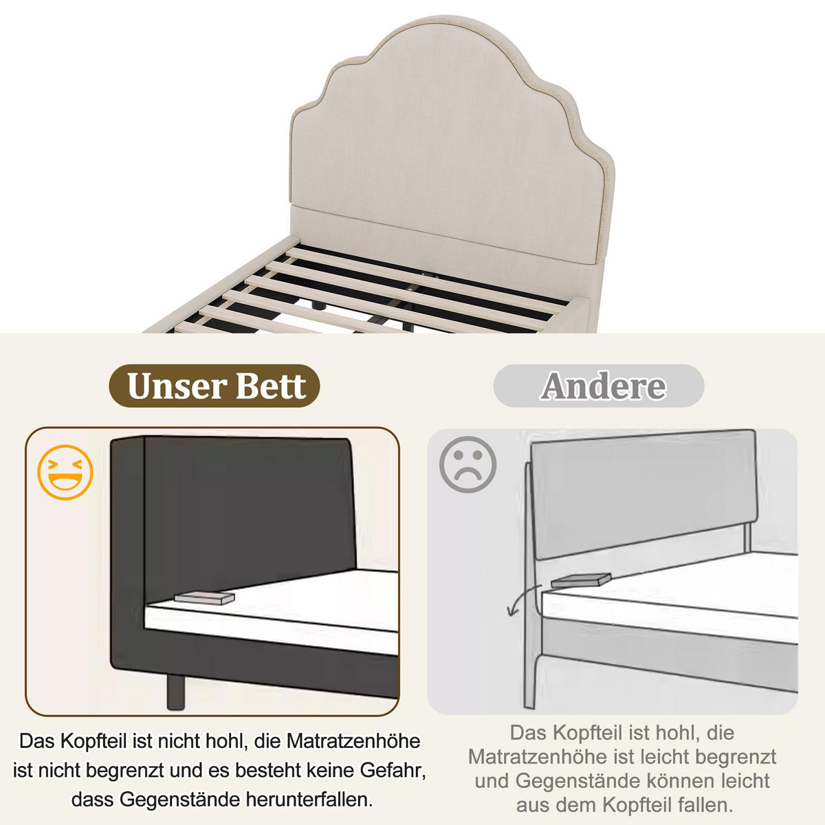 POLSTERBETT 90x200cm Kinderbett Leinen Beige Kopfteil - Beige, Naturmaterialien (90/200cm) - FLIEKS