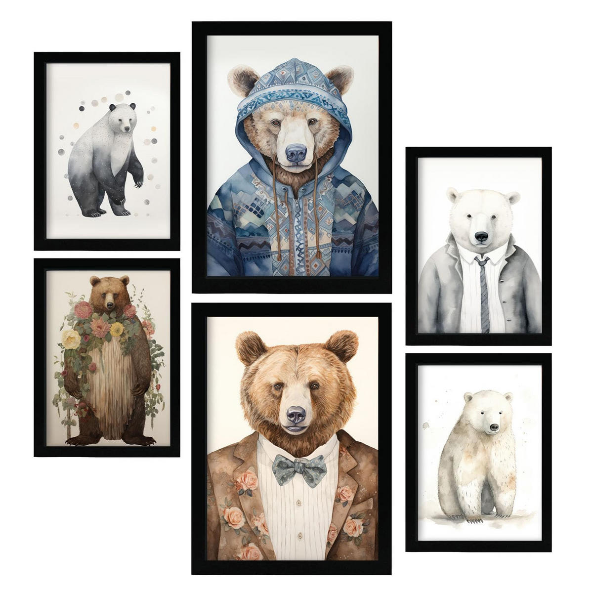 POSTER Set Mit 6 Bärenanzüge A3 & A4 Schwarzer Rahmen - Schwarz, Papier (29/3cm) - Nacnic